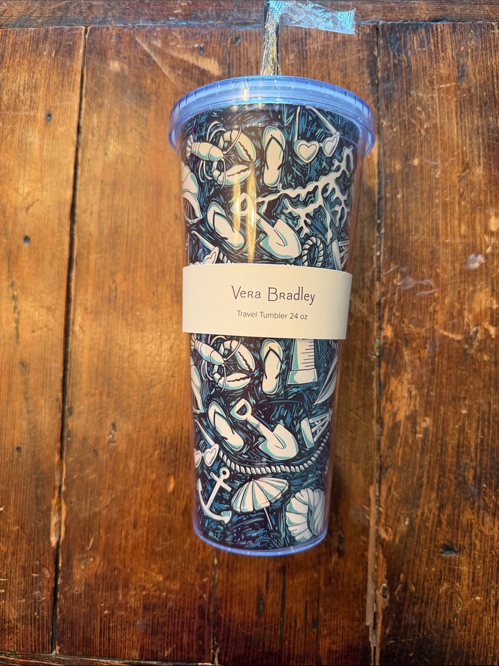 Vera Bradley Blue & White Beach Scene Travel Tumbler